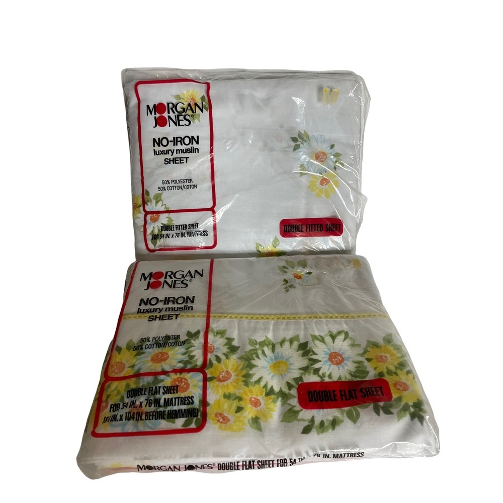Vintage Morgan Jones‎ Muslin Maytime Double Flat & fitted Sheet Yellow Floral